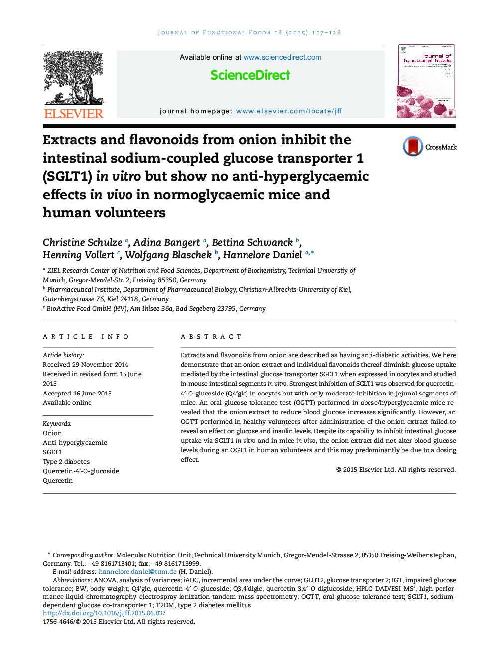 Extracts and flavonoids from onion inhibit the intestinal sodium-coupled glucose transporter 1 (SGLT1) in vitro but show no anti-hyperglycaemic effects in vivo in normoglycaemic mice and human volunteers