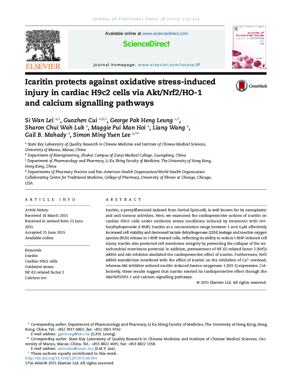 Icaritin protects against oxidative stress-induced injury in cardiac H9c2 cells via Akt/Nrf2/HO-1 and calcium signalling pathways