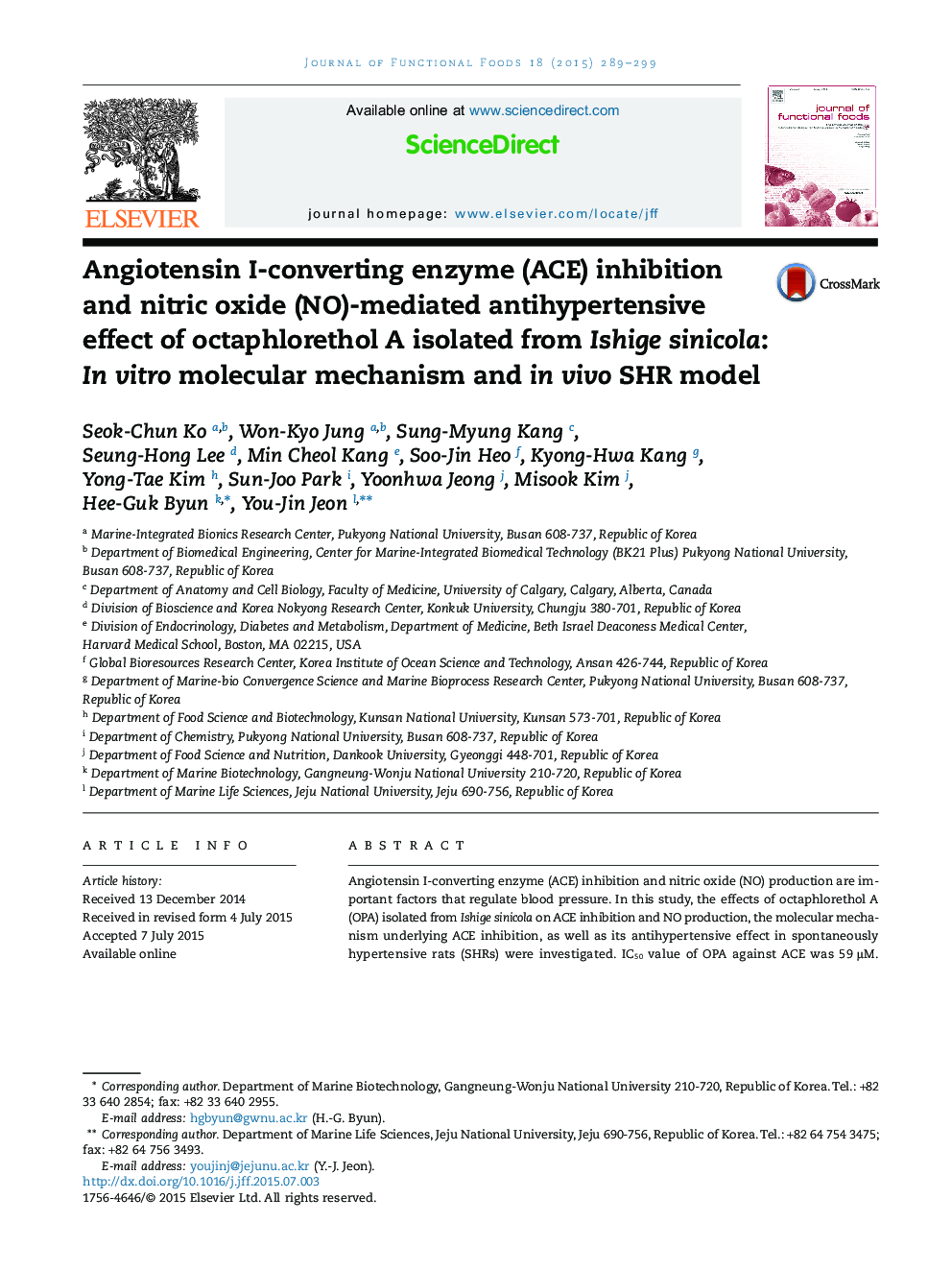 Angiotensin I-converting enzyme (ACE) inhibition and nitric oxide (NO)-mediated antihypertensive effect of octaphlorethol A isolated from Ishige sinicola: In vitro molecular mechanism and in vivo SHR model