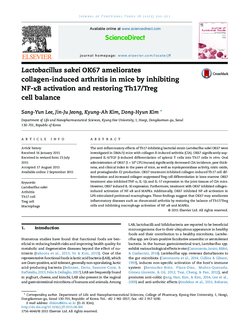 Lactobacillus sakei OK67 ameliorates collagen-induced arthritis in mice by inhibiting NF-ÎºB activation and restoring Th17/Treg cell balance