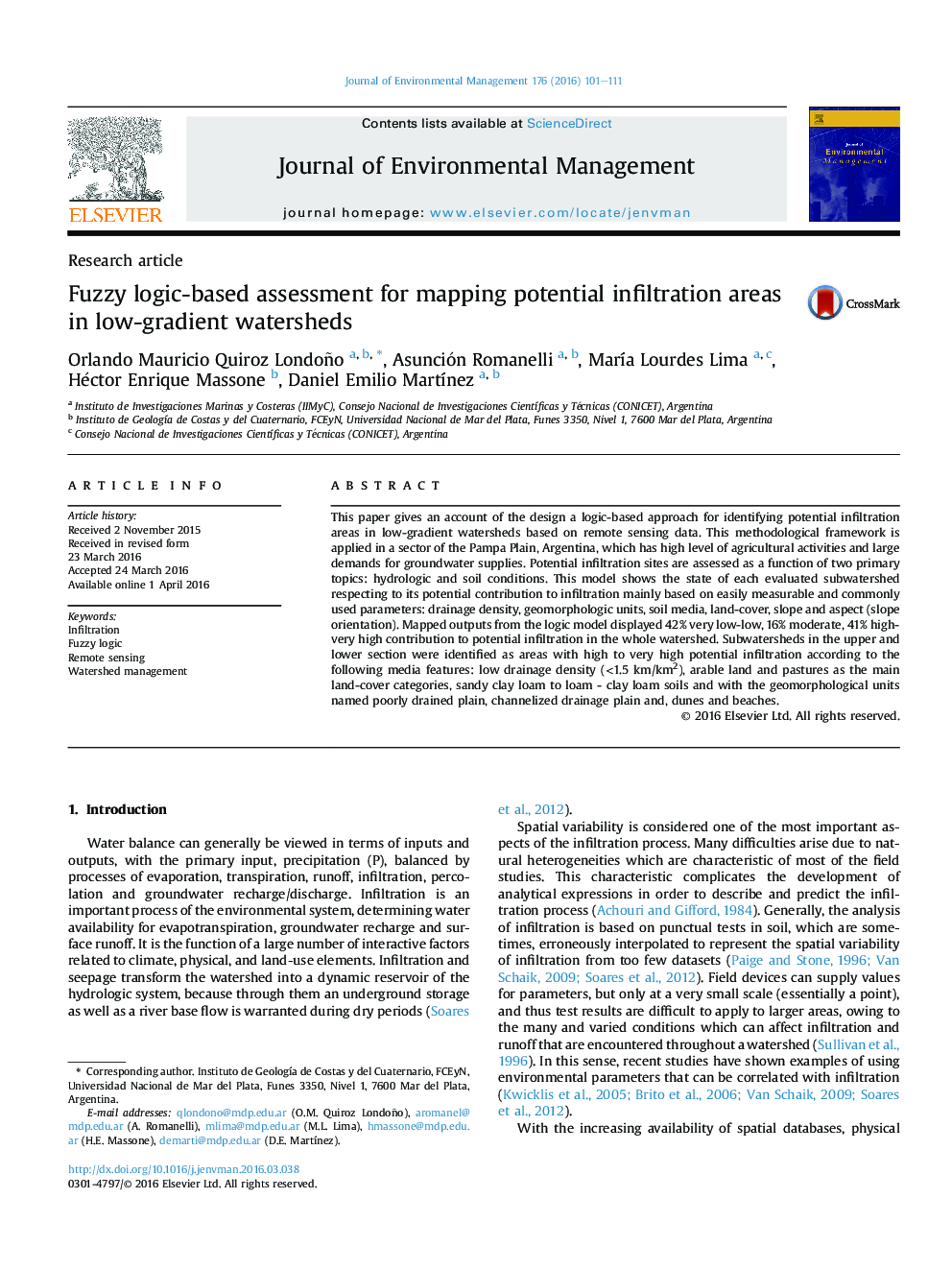 Fuzzy logic-based assessment for mapping potential infiltration areas in low-gradient watersheds