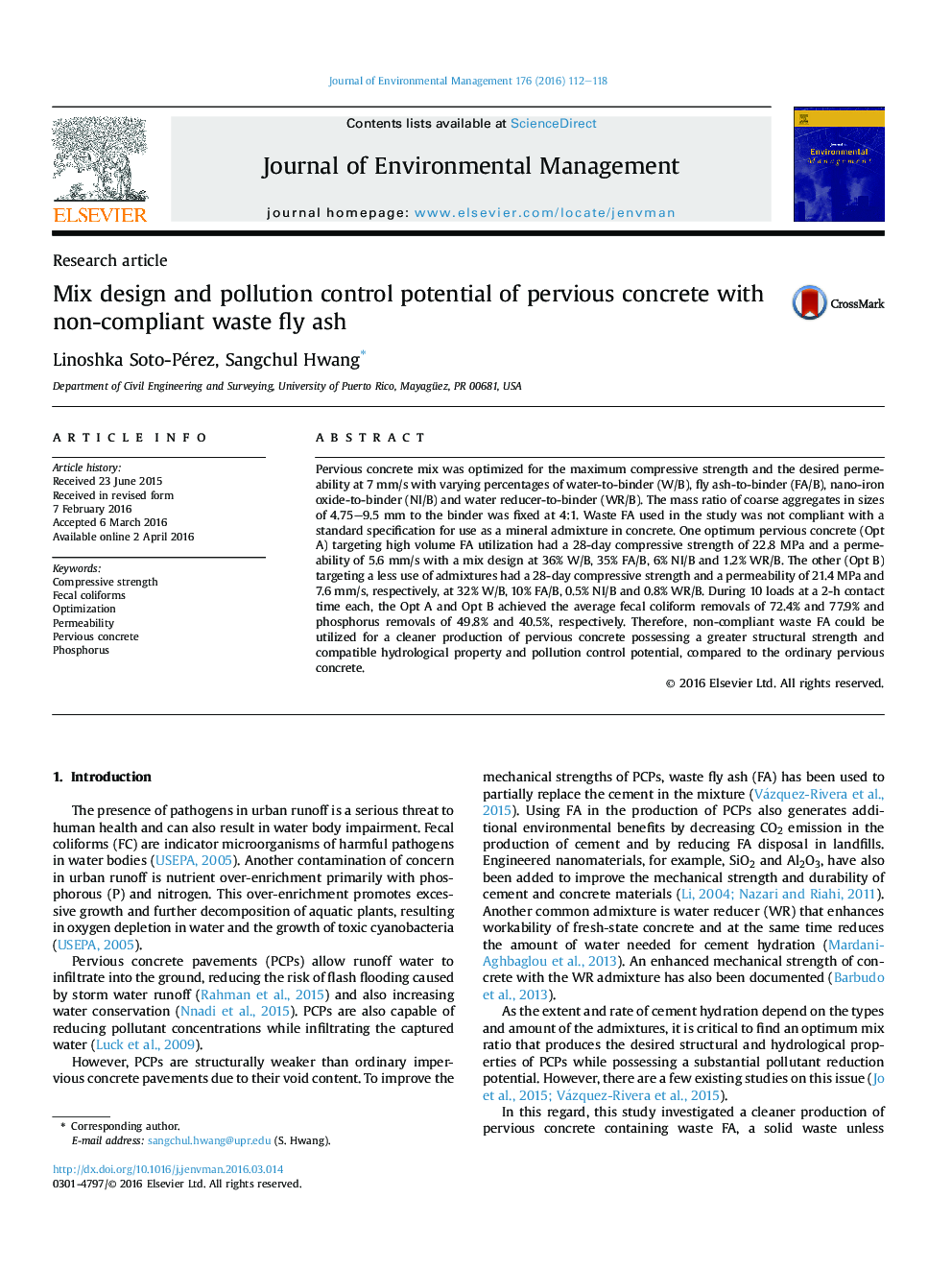 Mix design and pollution control potential of pervious concrete with non-compliant waste fly ash