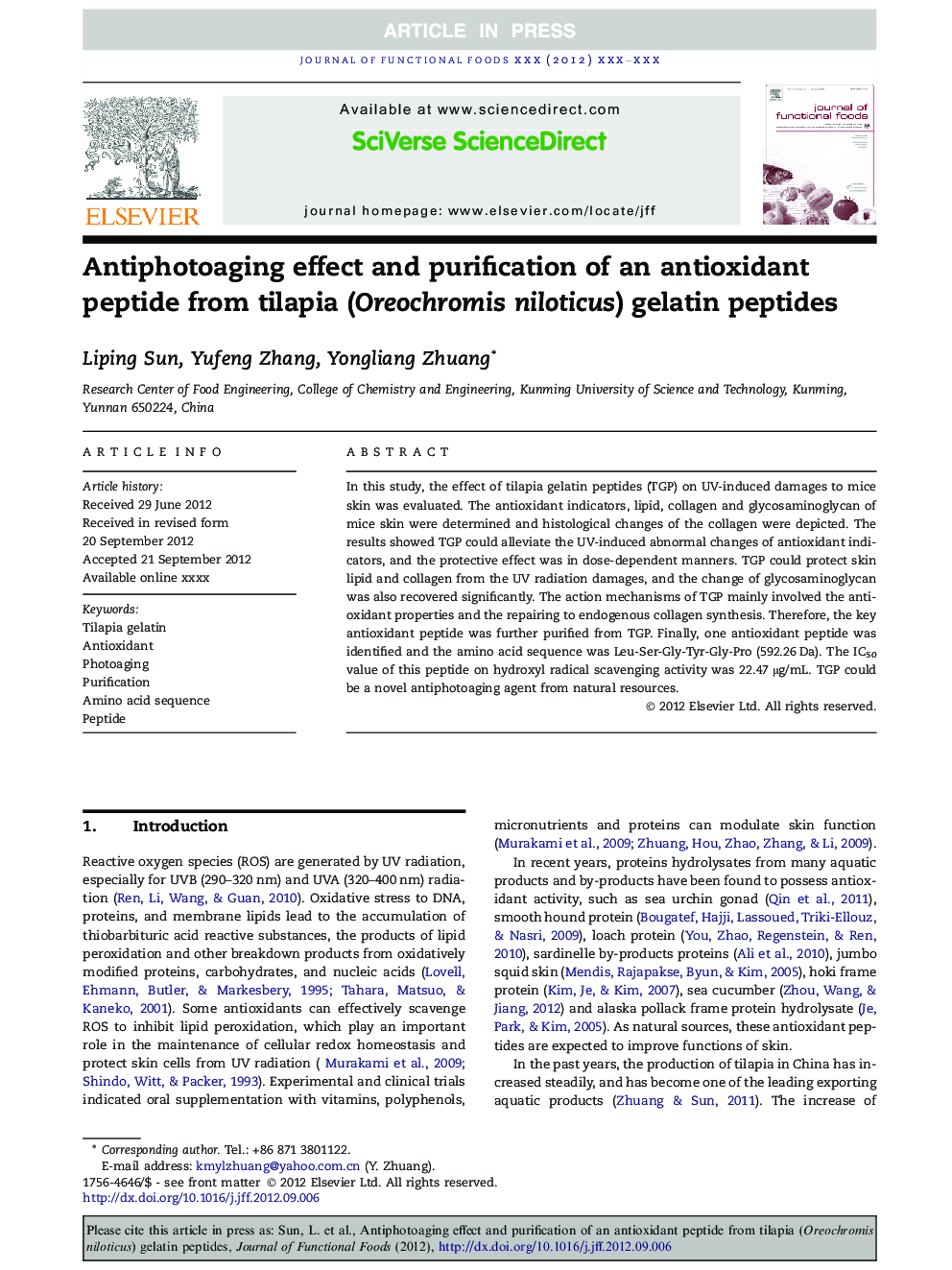 Antiphotoaging effect and purification of an antioxidant peptide from tilapia (Oreochromis niloticus) gelatin peptides