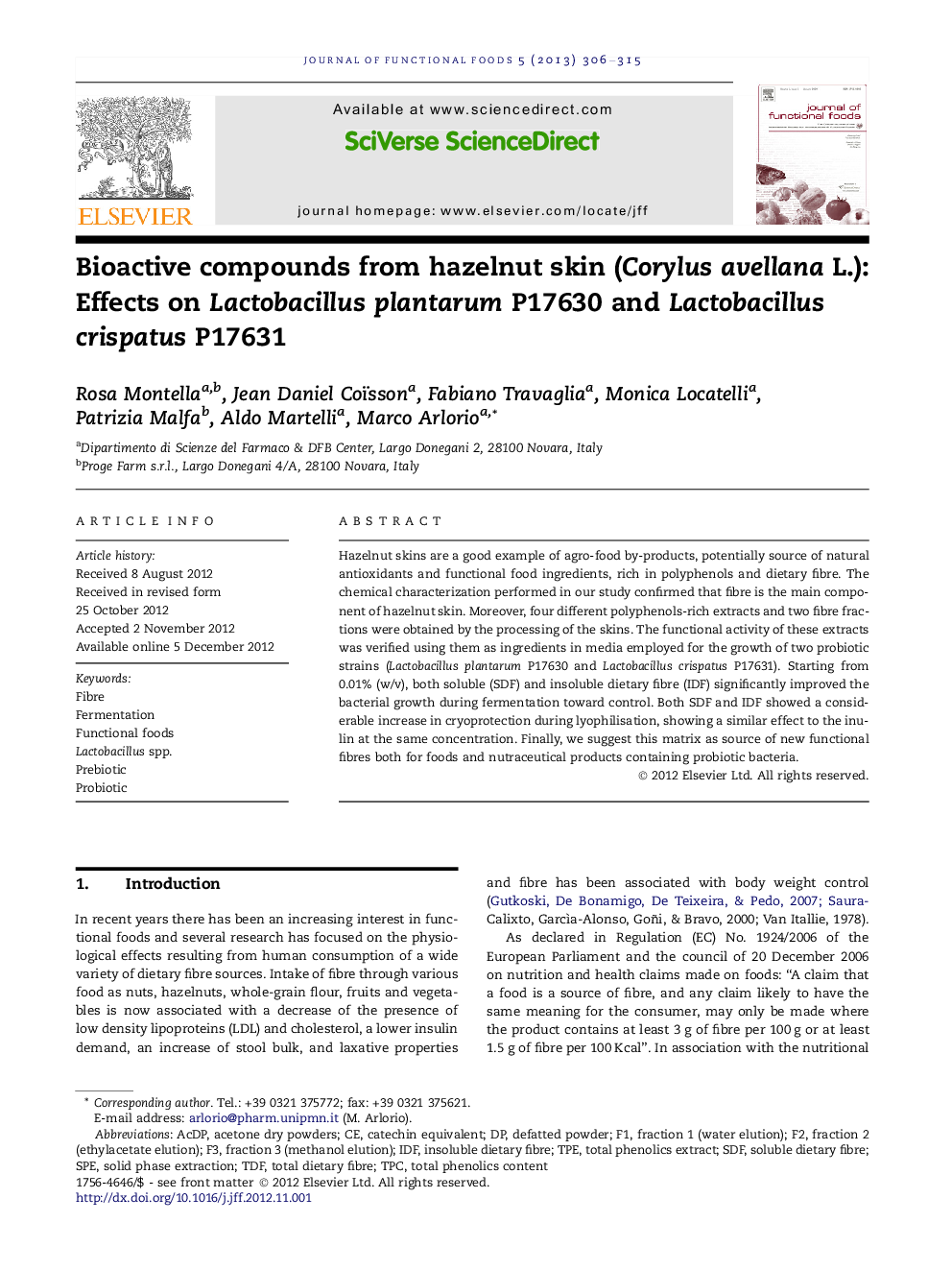 Bioactive compounds from hazelnut skin (Corylus avellana L.): Effects on Lactobacillus plantarum P17630 and Lactobacillus crispatus P17631