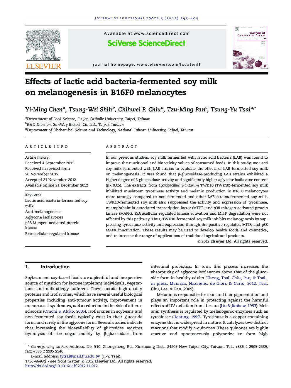 Effects of lactic acid bacteria-fermented soy milk on melanogenesis in B16F0 melanocytes