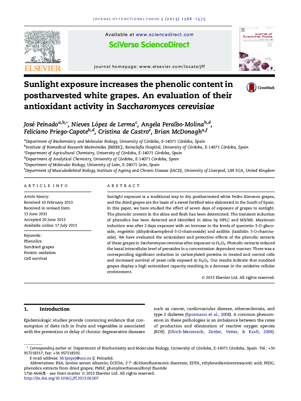 Sunlight exposure increases the phenolic content in postharvested white grapes. An evaluation of their antioxidant activity in Saccharomyces cerevisiae