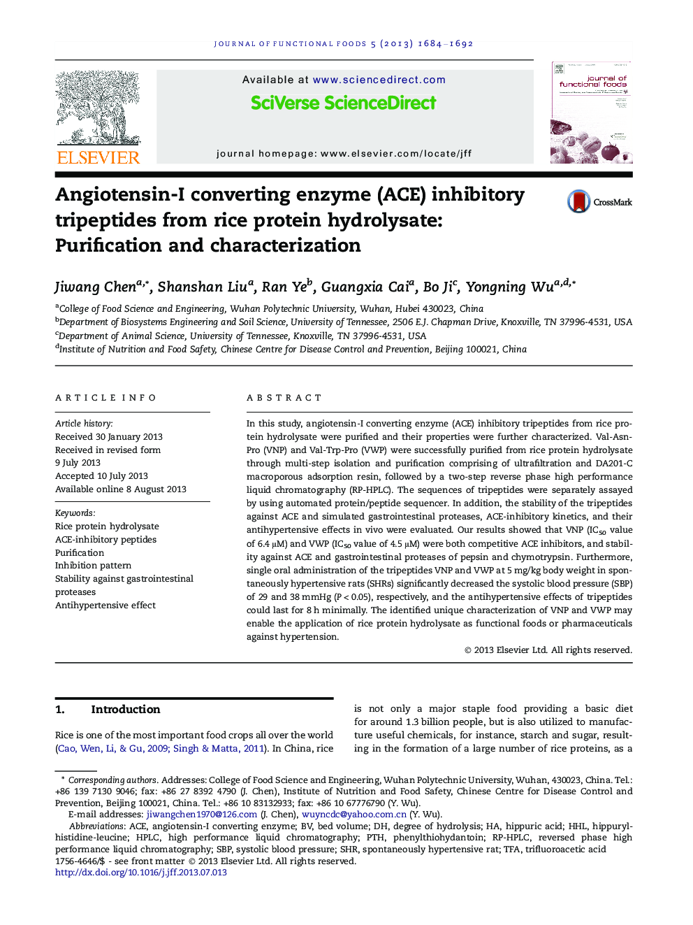 Angiotensin-I converting enzyme (ACE) inhibitory tripeptides from rice protein hydrolysate: Purification and characterization