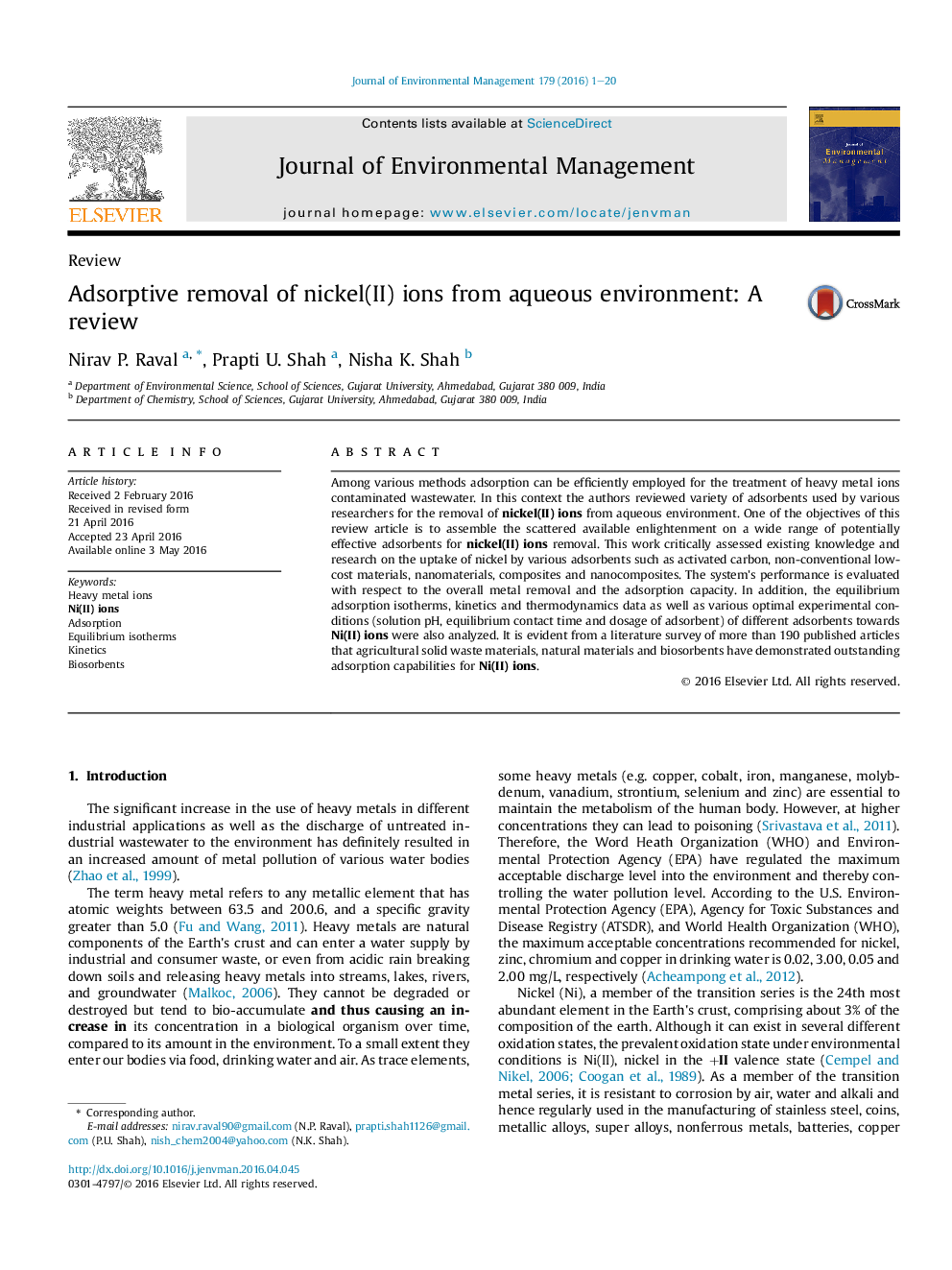 Adsorptive removal of nickel(II) ions from aqueous environment: A review