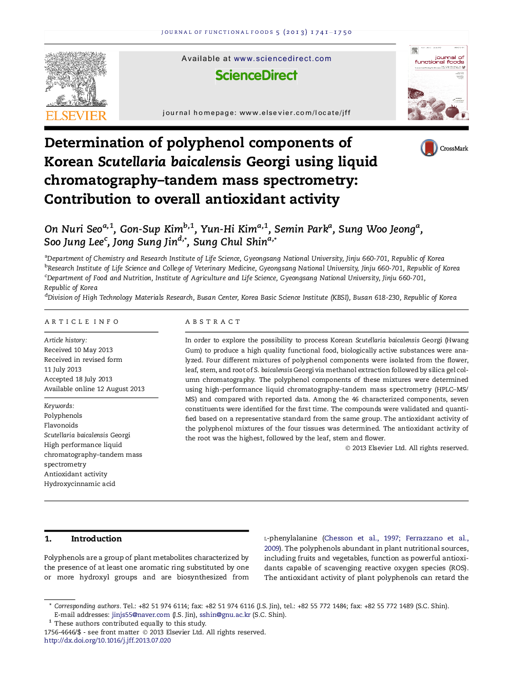 Determination of polyphenol components of Korean Scutellaria baicalensis Georgi using liquid chromatography-tandem mass spectrometry: Contribution to overall antioxidant activity