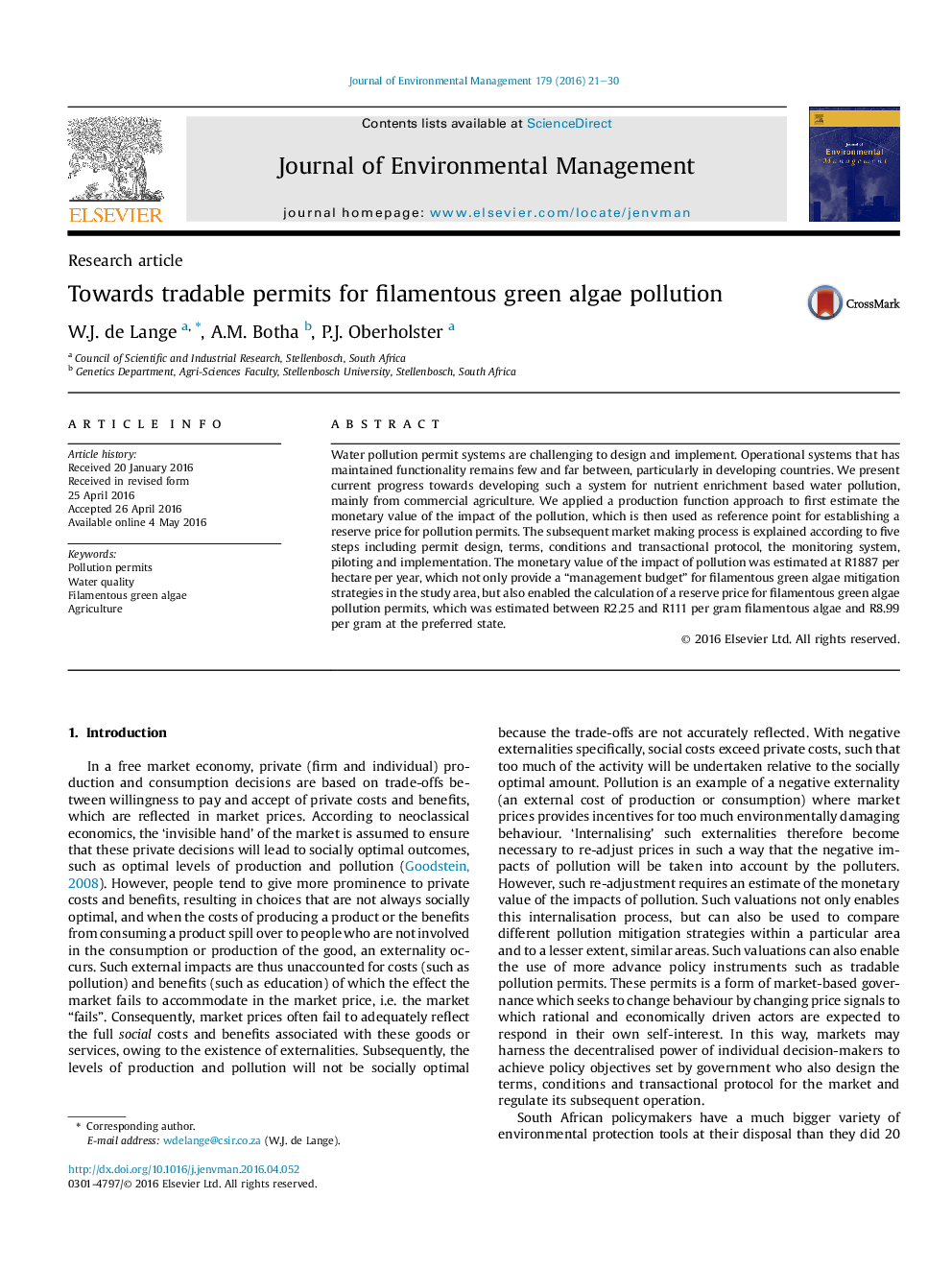 Towards tradable permits for filamentous green algae pollution