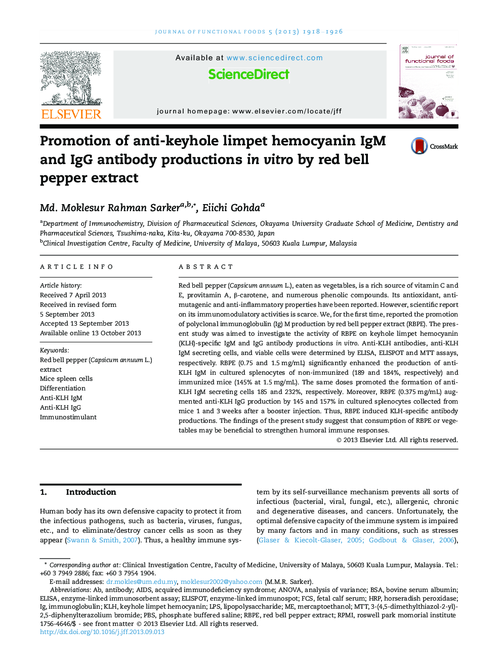 Promotion of anti-keyhole limpet hemocyanin IgM and IgG antibody productions in vitro by red bell pepper extract