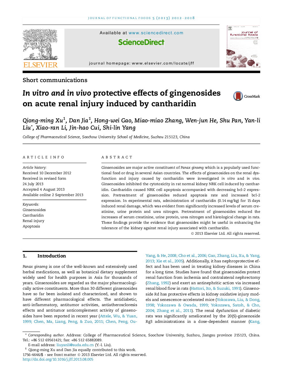 In vitro and in vivo protective effects of gingenosides on acute renal injury induced by cantharidin