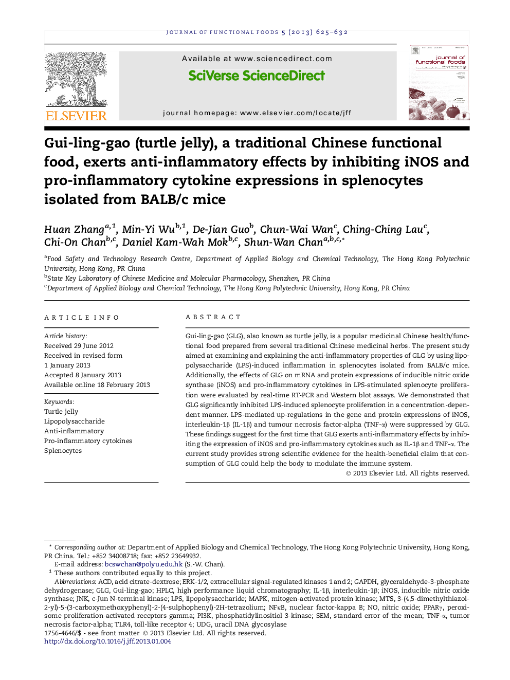 Gui-ling-gao (turtle jelly), a traditional Chinese functional food, exerts anti-inflammatory effects by inhibiting iNOS and pro-inflammatory cytokine expressions in splenocytes isolated from BALB/c mice