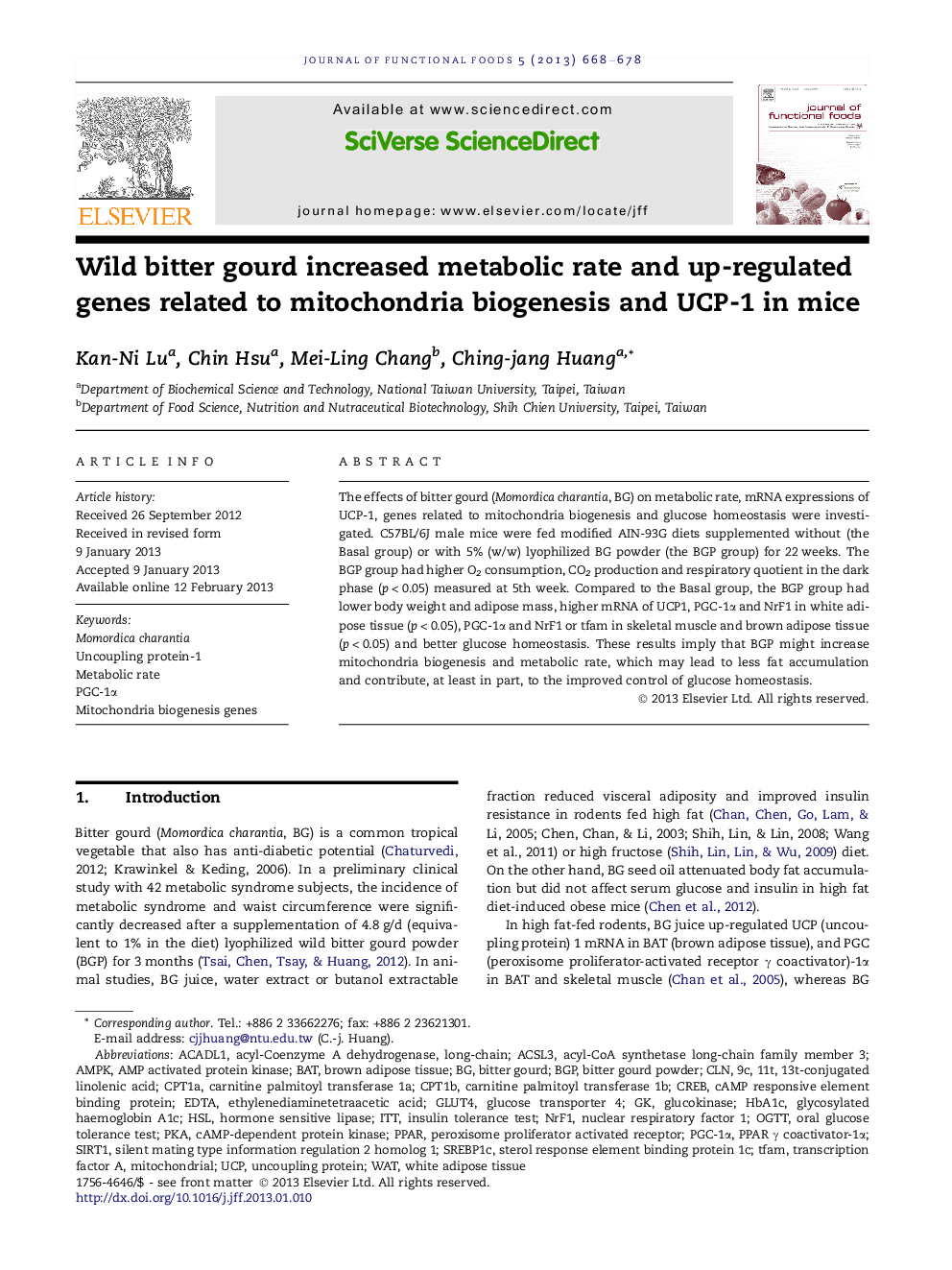 Wild bitter gourd increased metabolic rate and up-regulated genes related to mitochondria biogenesis and UCP-1 in mice