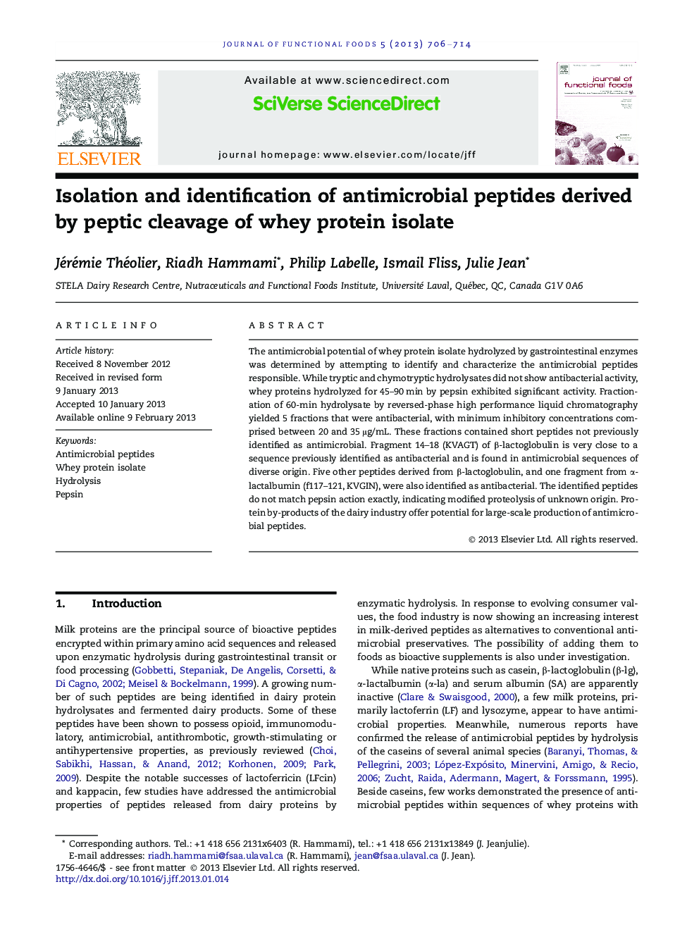 جداسازی و شناسایی پپتیدهای ضد میکروبی مشتق شده از جداسازی پپتیک جدایه پروتئین آب پنیر 