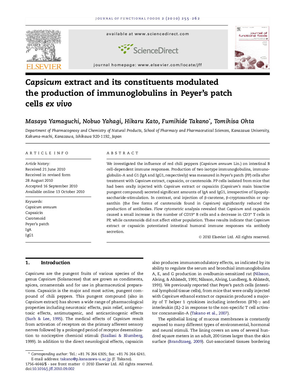 Capsicum extract and its constituents modulated the production of immunoglobulins in Peyer's patch cells ex vivo