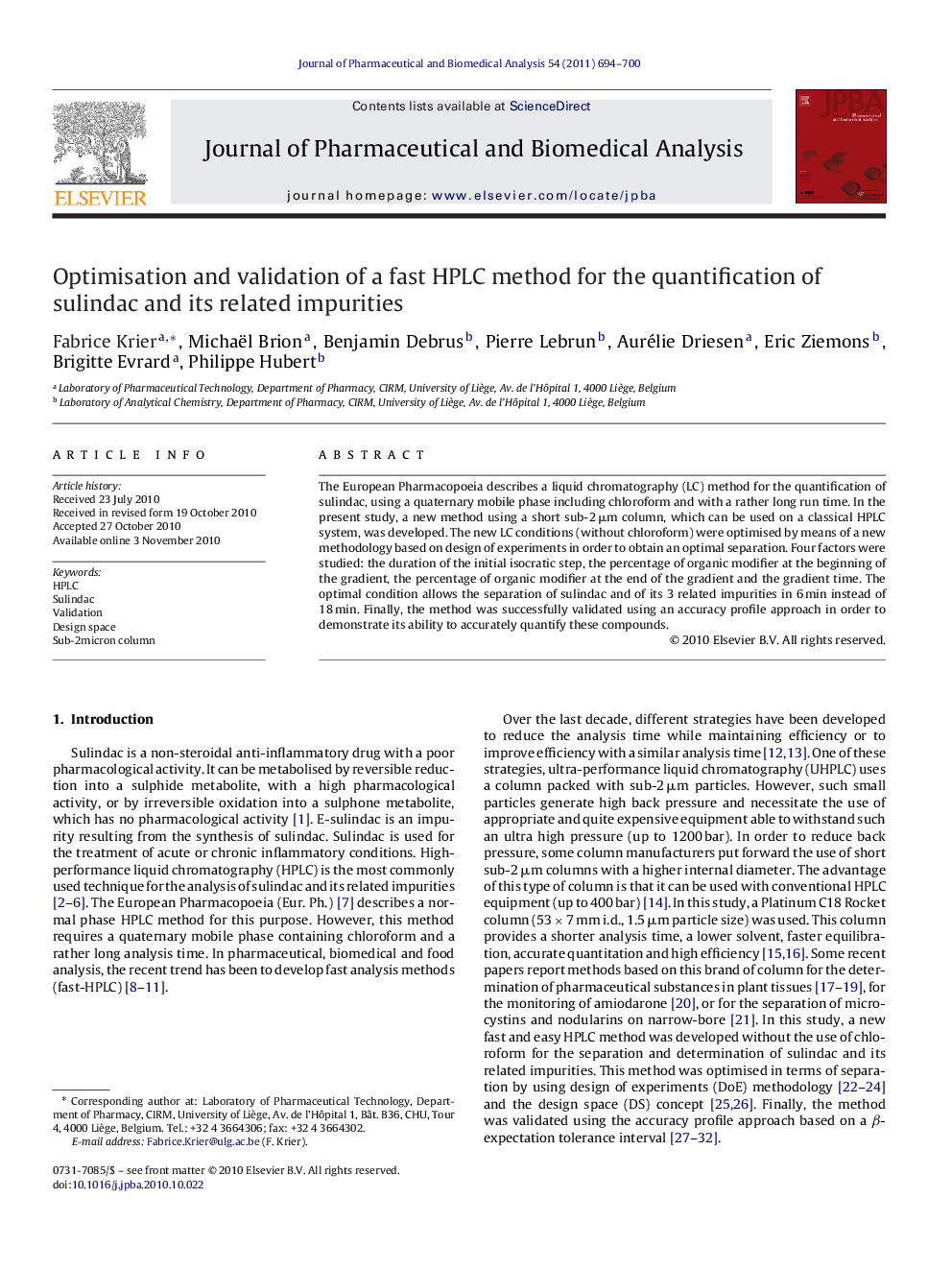 Optimisation and validation of a fast HPLC method for the quantification of sulindac and its related impurities