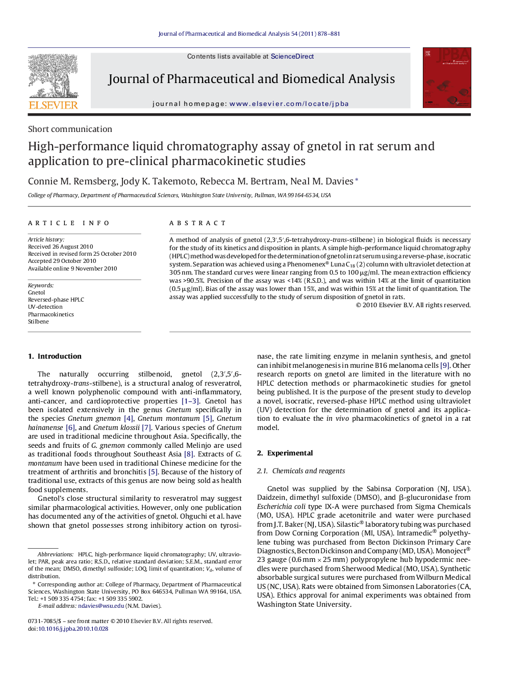 High-performance liquid chromatography assay of gnetol in rat serum and application to pre-clinical pharmacokinetic studies