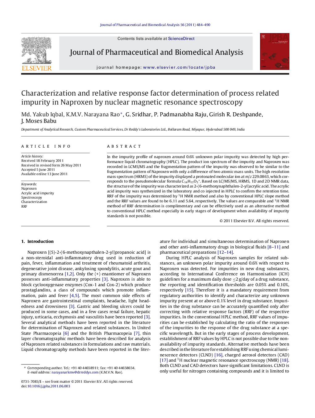 Characterization and relative response factor determination of process related impurity in Naproxen by nuclear magnetic resonance spectroscopy