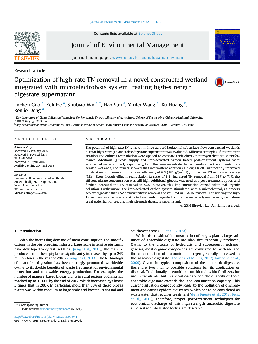 Optimization of high-rate TN removal in a novel constructed wetland integrated with microelectrolysis system treating high-strength digestate supernatant
