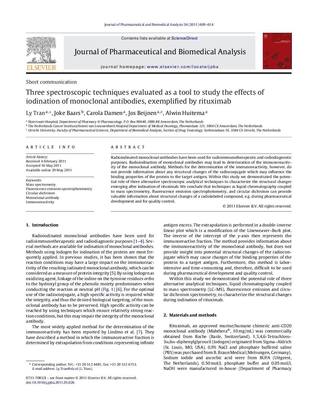 Three spectroscopic techniques evaluated as a tool to study the effects of iodination of monoclonal antibodies, exemplified by rituximab