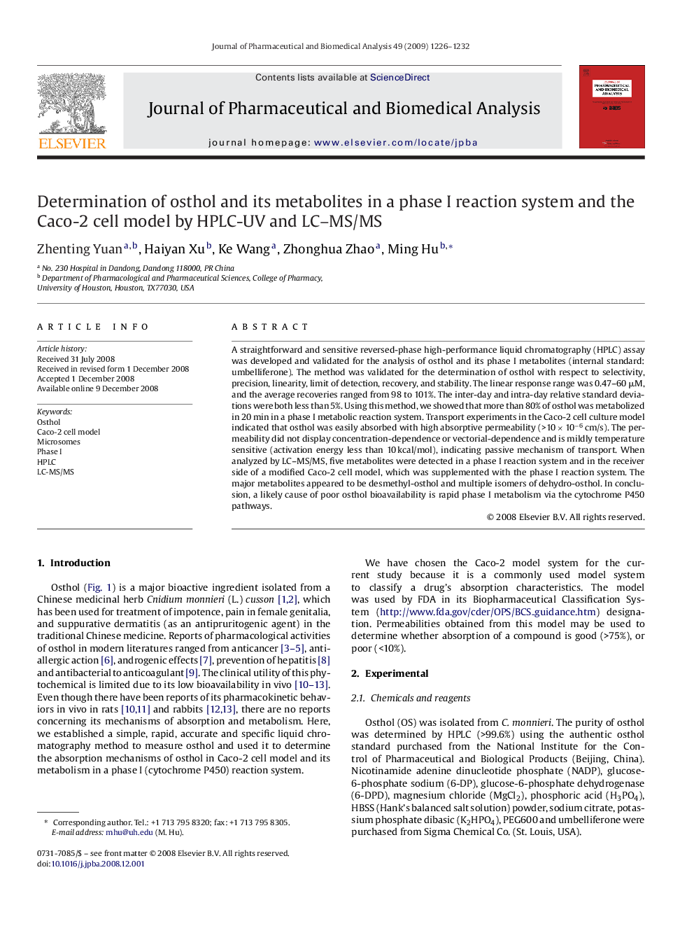 Determination of osthol and its metabolites in a phase I reaction system and the Caco-2 cell model by HPLC-UV and LC-MS/MS