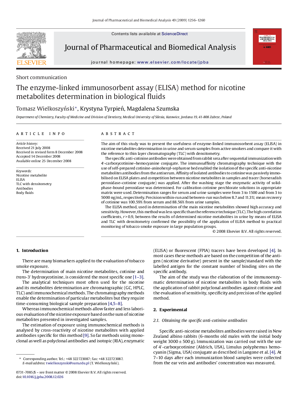 The enzyme-linked immunosorbent assay (ELISA) method for nicotine metabolites determination in biological fluids