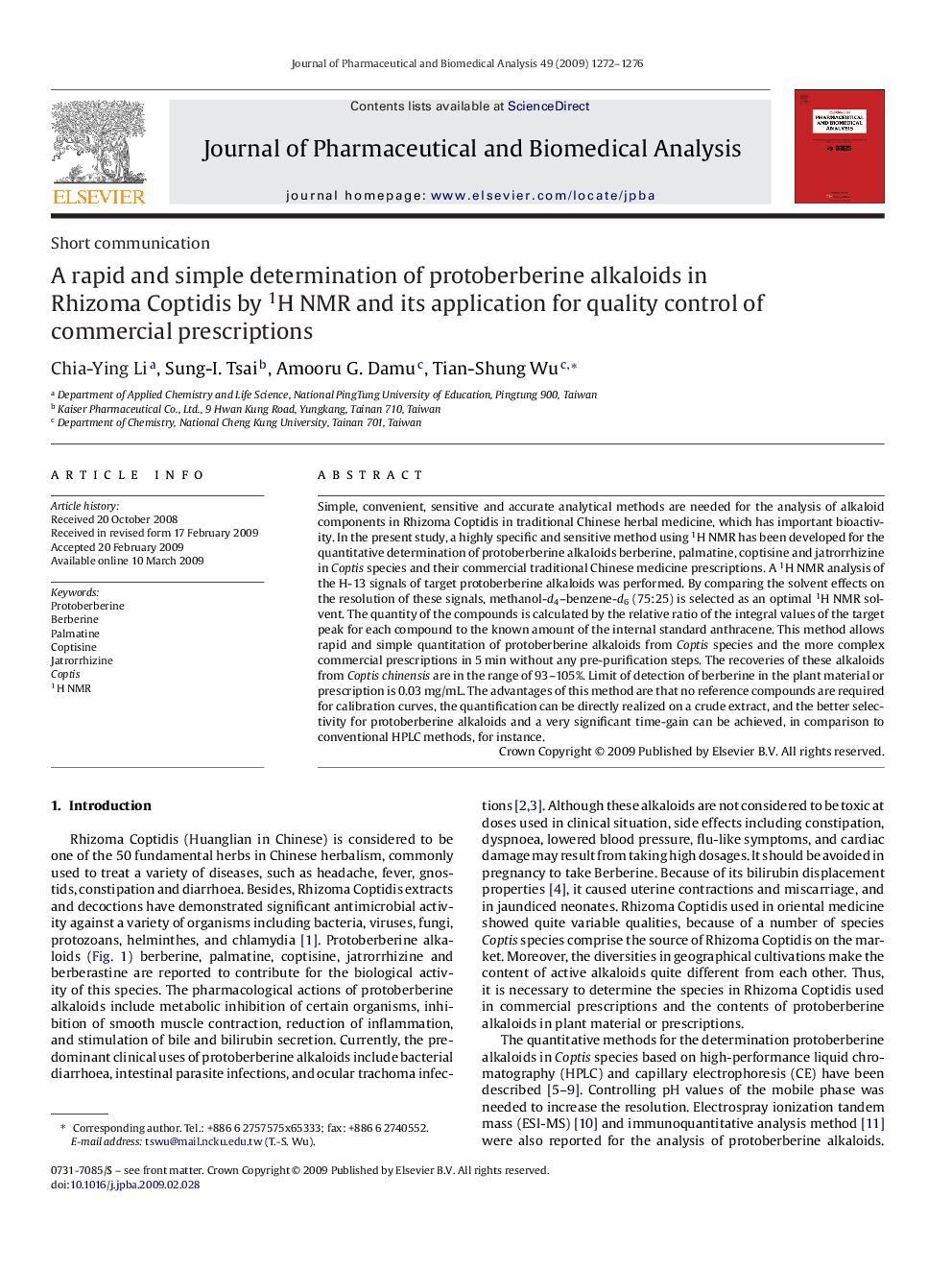 A rapid and simple determination of protoberberine alkaloids in Rhizoma Coptidis by 1H NMR and its application for quality control of commercial prescriptions