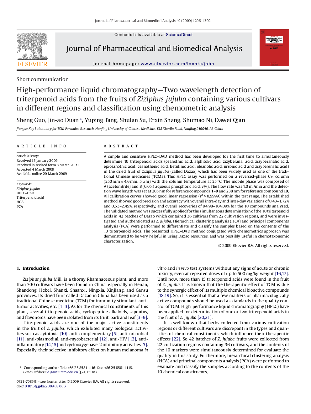 High-performance liquid chromatography-Two wavelength detection of triterpenoid acids from the fruits of Ziziphus jujuba containing various cultivars in different regions and classification using chemometric analysis