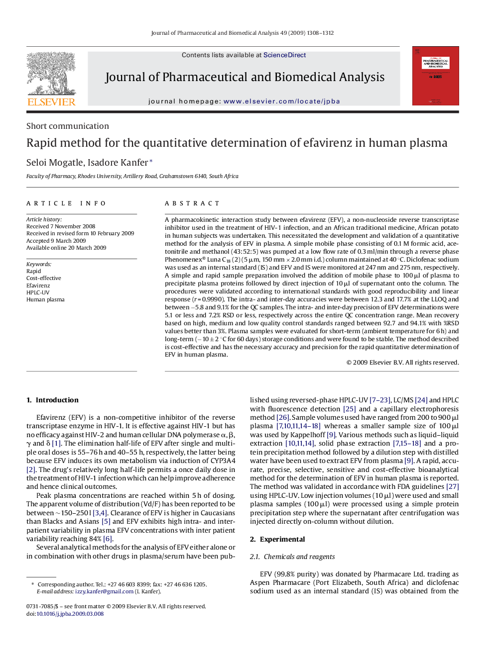 Rapid method for the quantitative determination of efavirenz in human plasma