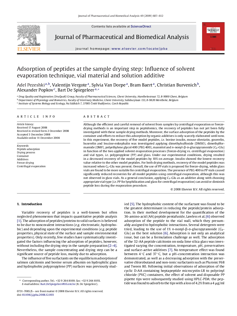 Adsorption of peptides at the sample drying step: Influence of solvent evaporation technique, vial material and solution additive