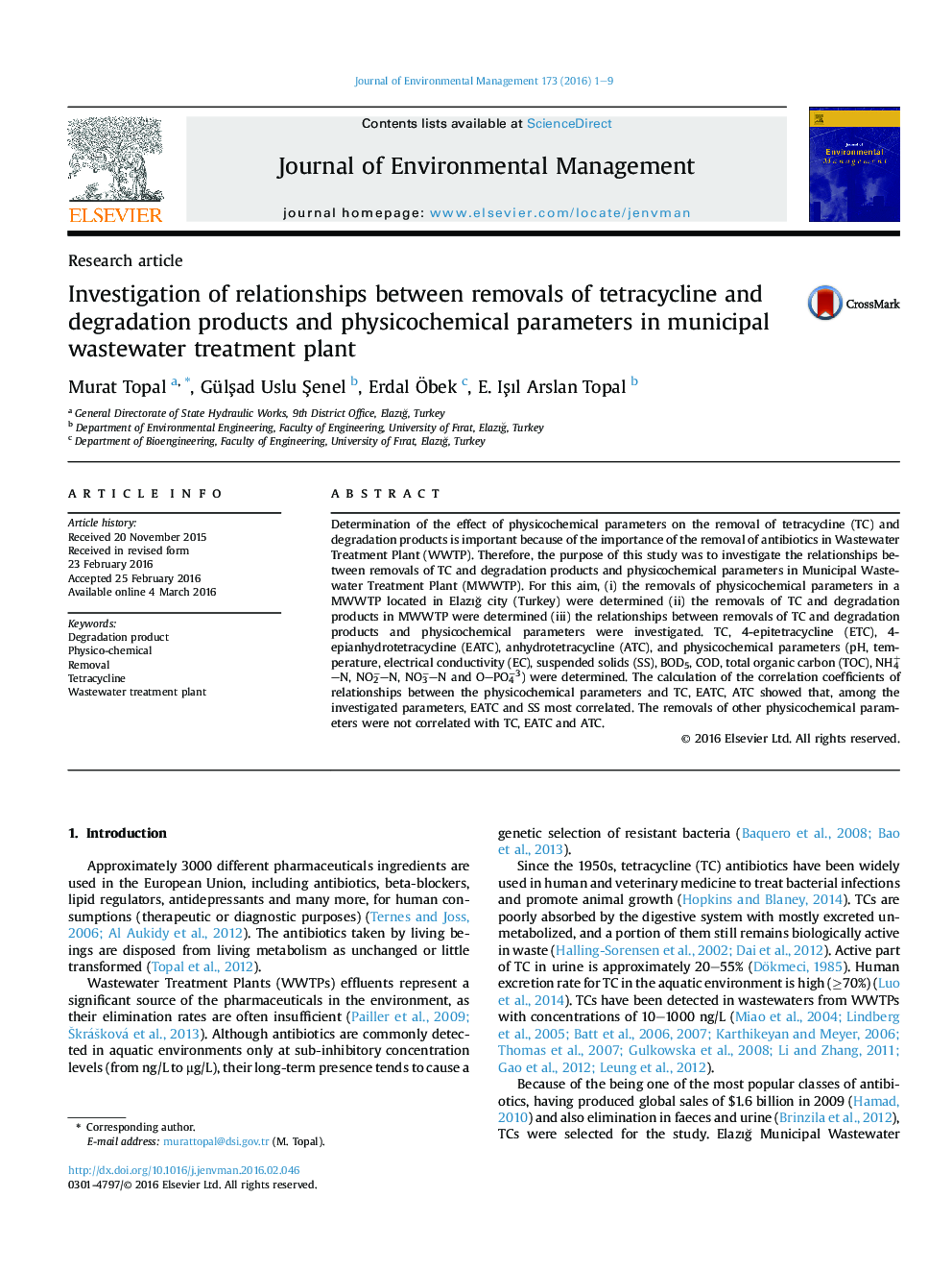 Investigation of relationships between removals of tetracycline and degradation products and physicochemical parameters in municipal wastewater treatment plant
