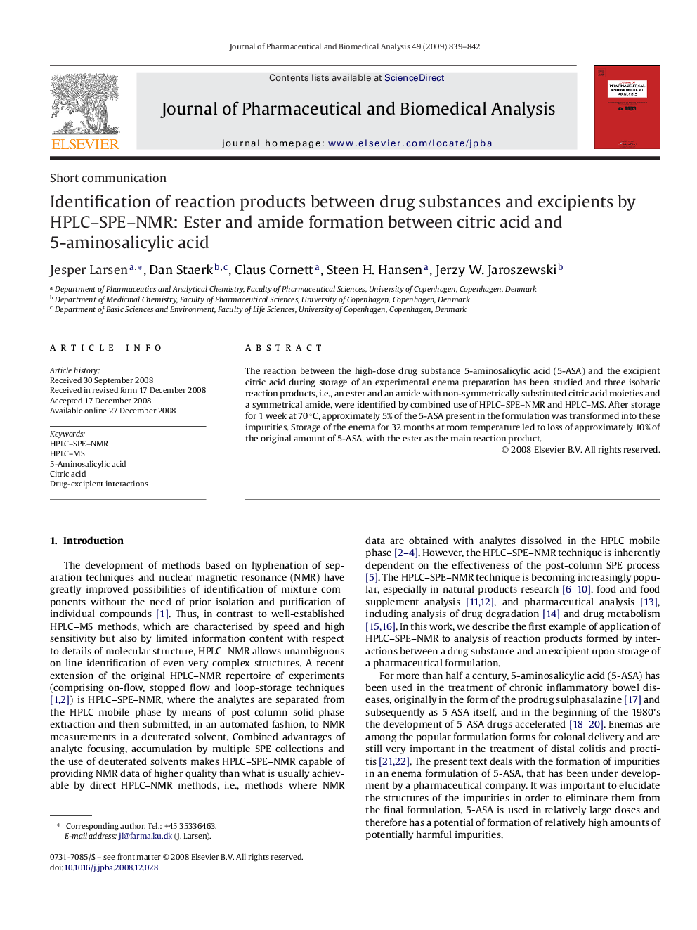 Identification of reaction products between drug substances and excipients by HPLC-SPE-NMR: Ester and amide formation between citric acid and 5-aminosalicylic acid