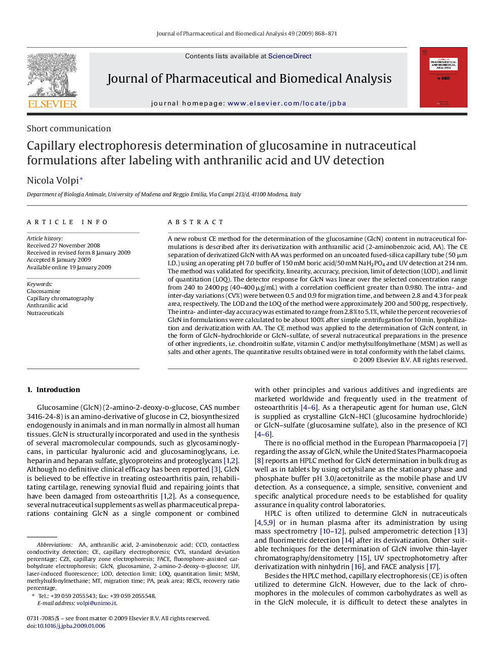 Capillary electrophoresis determination of glucosamine in nutraceutical formulations after labeling with anthranilic acid and UV detection