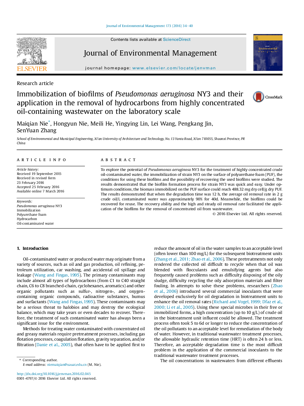 Immobilization of biofilms of Pseudomonas aeruginosa NY3 and their application in the removal of hydrocarbons from highly concentrated oil-containing wastewater on the laboratory scale