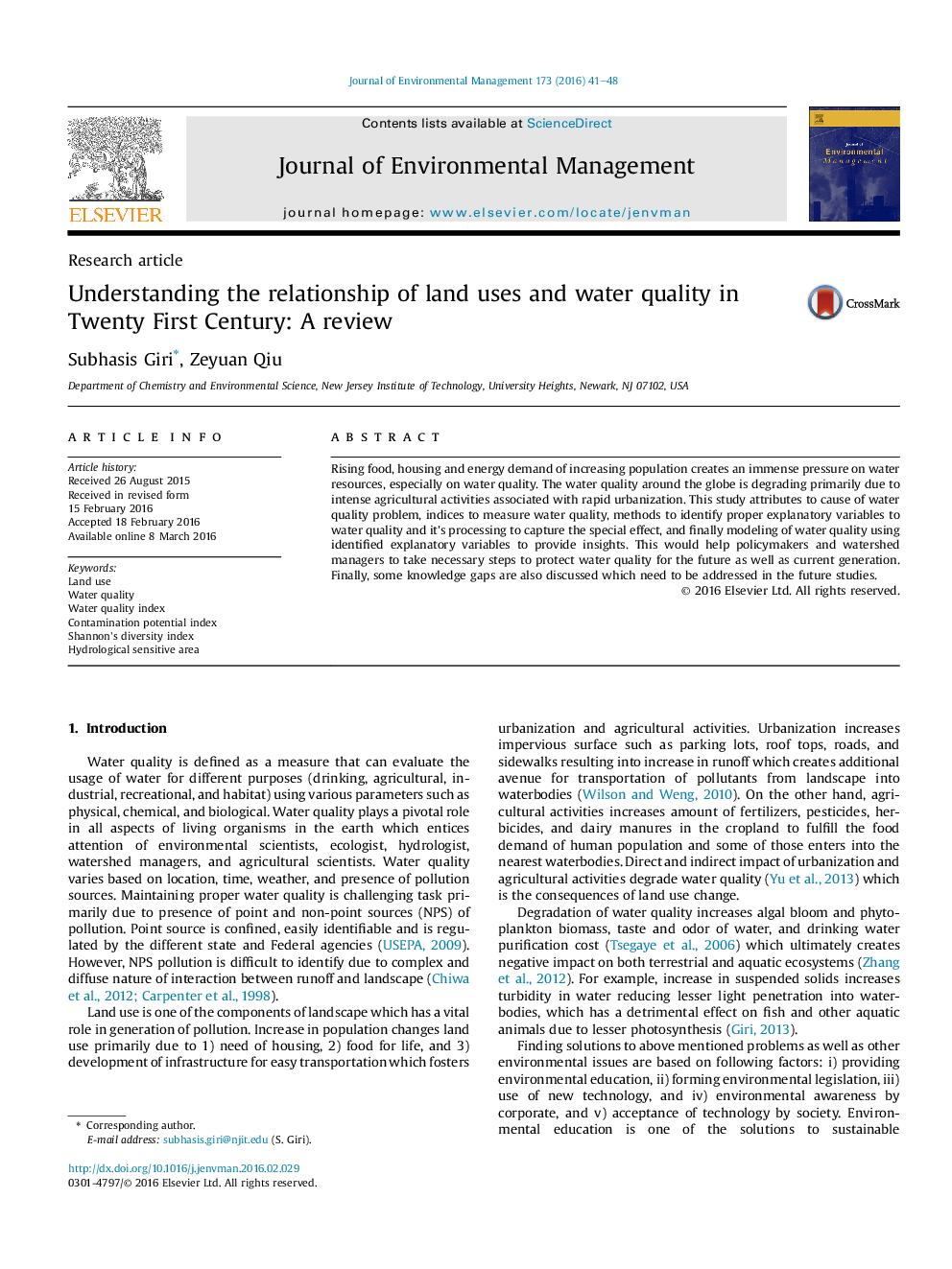 Understanding the relationship of land uses and water quality in Twenty First Century: A review