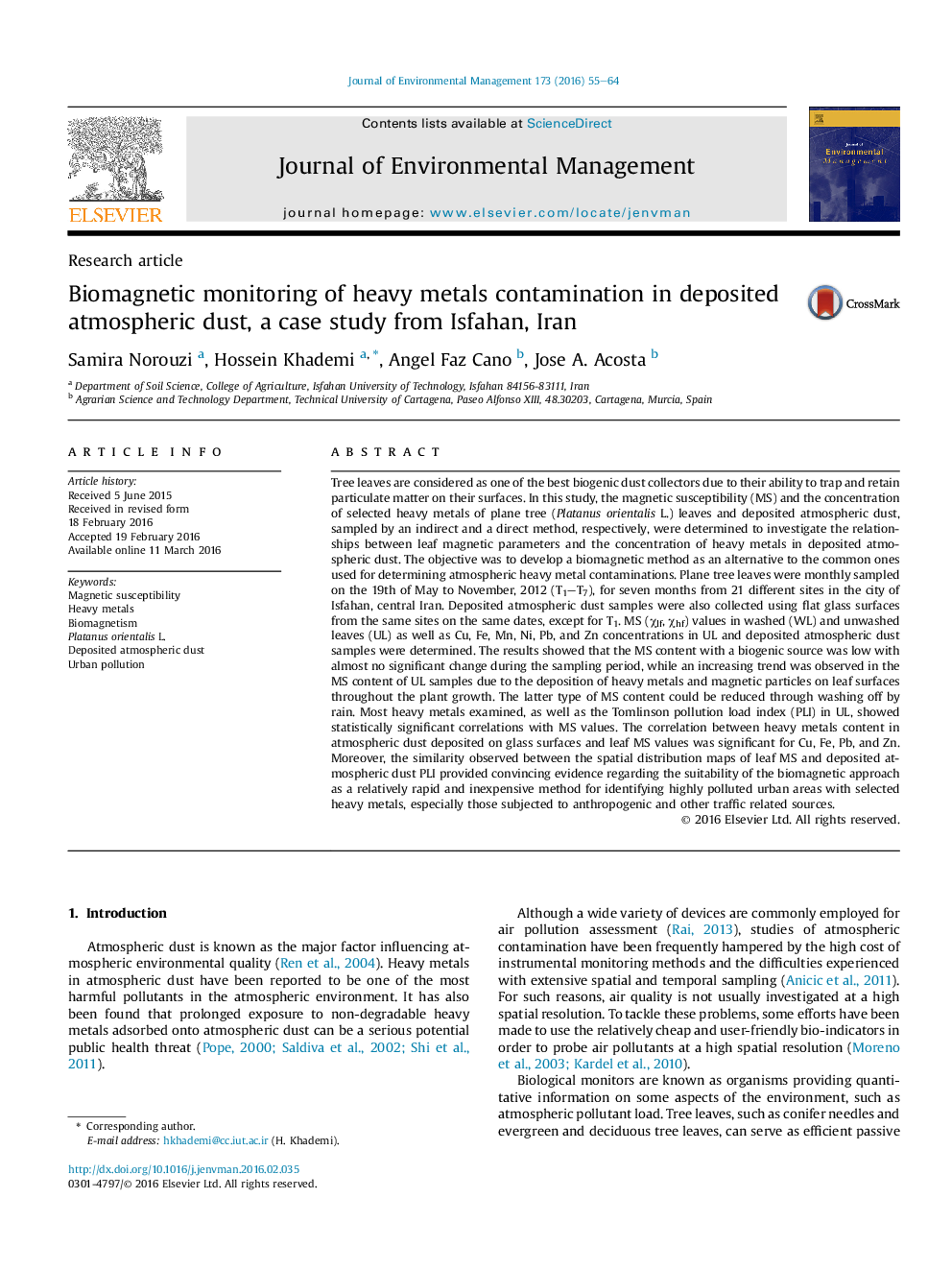 Biomagnetic monitoring of heavy metals contamination in deposited atmospheric dust, a case study from Isfahan, Iran