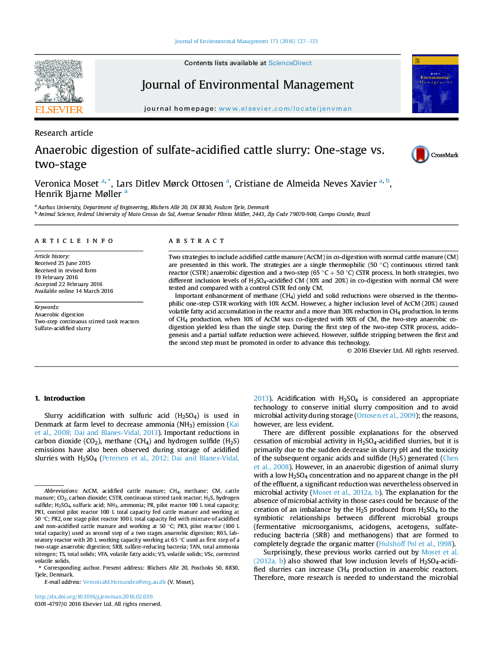 Anaerobic digestion of sulfate-acidified cattle slurry: One-stage vs. two-stage