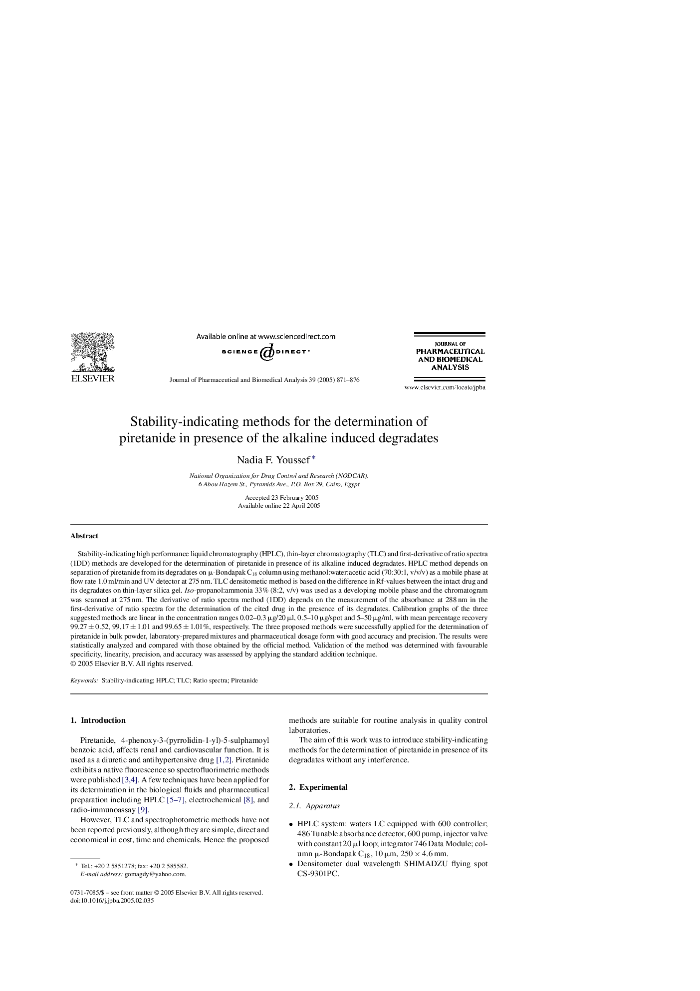 Stability-indicating methods for the determination of piretanide in presence of the alkaline induced degradates