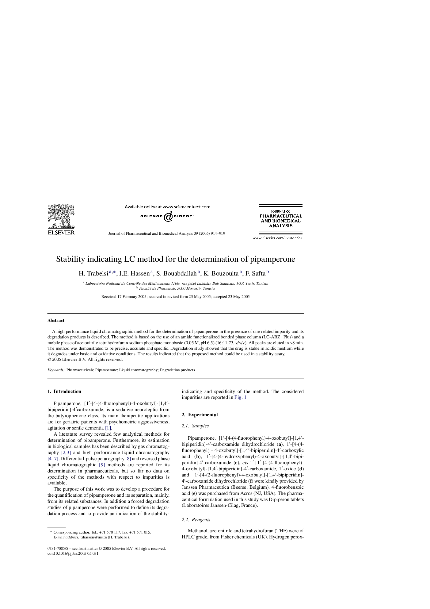 Stability indicating LC method for the determination of pipamperone