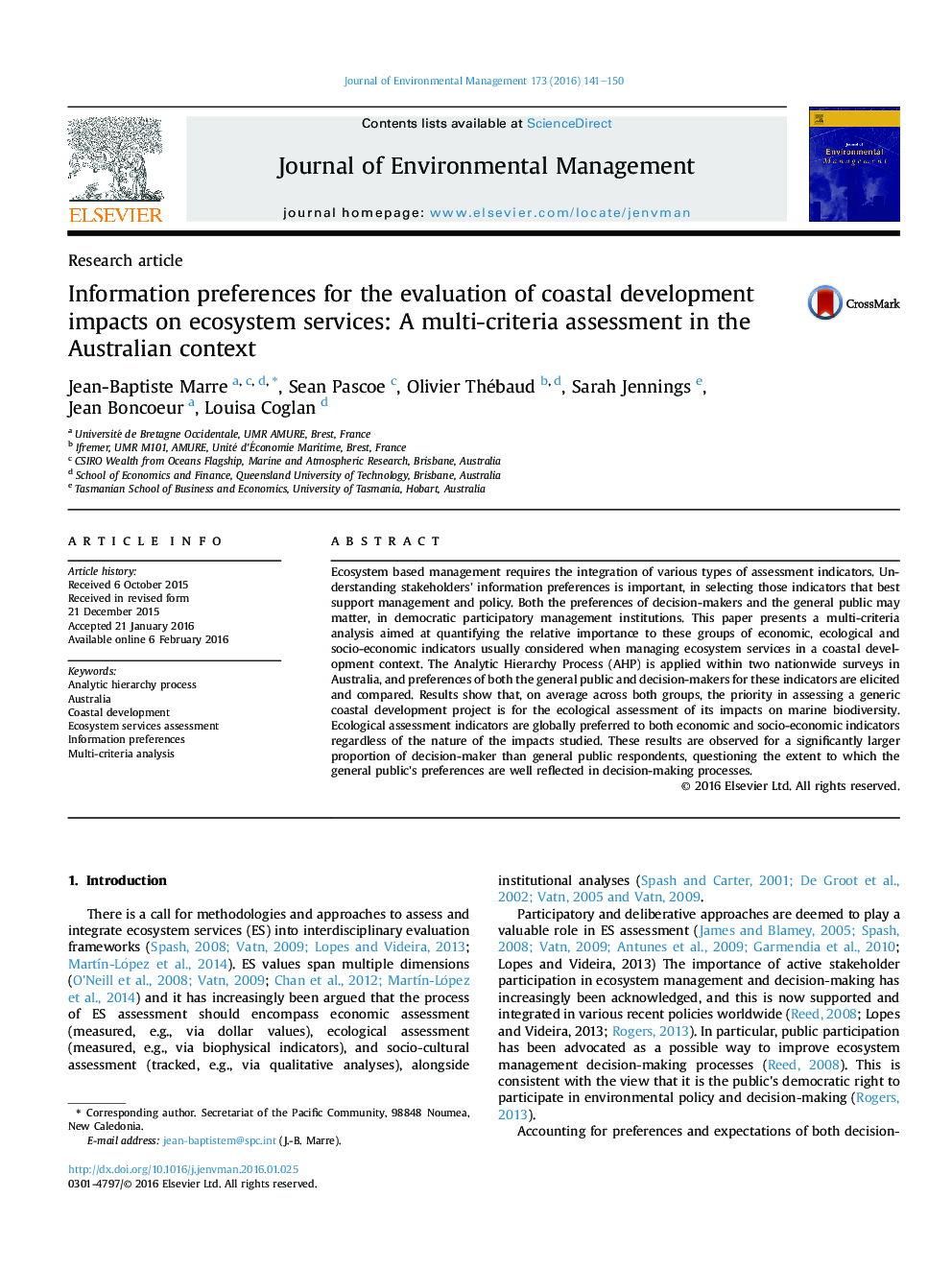 Information preferences for the evaluation of coastal development impacts on ecosystem services: A multi-criteria assessment in the Australian context