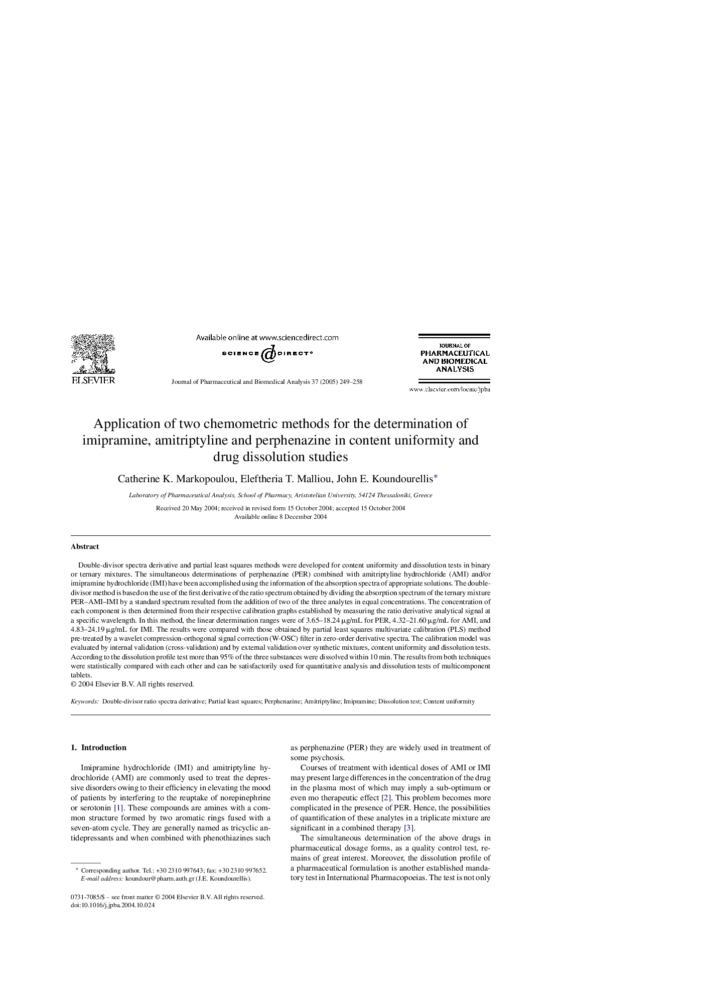 Application of two chemometric methods for the determination of imipramine, amitriptyline and perphenazine in content uniformity and drug dissolution studies