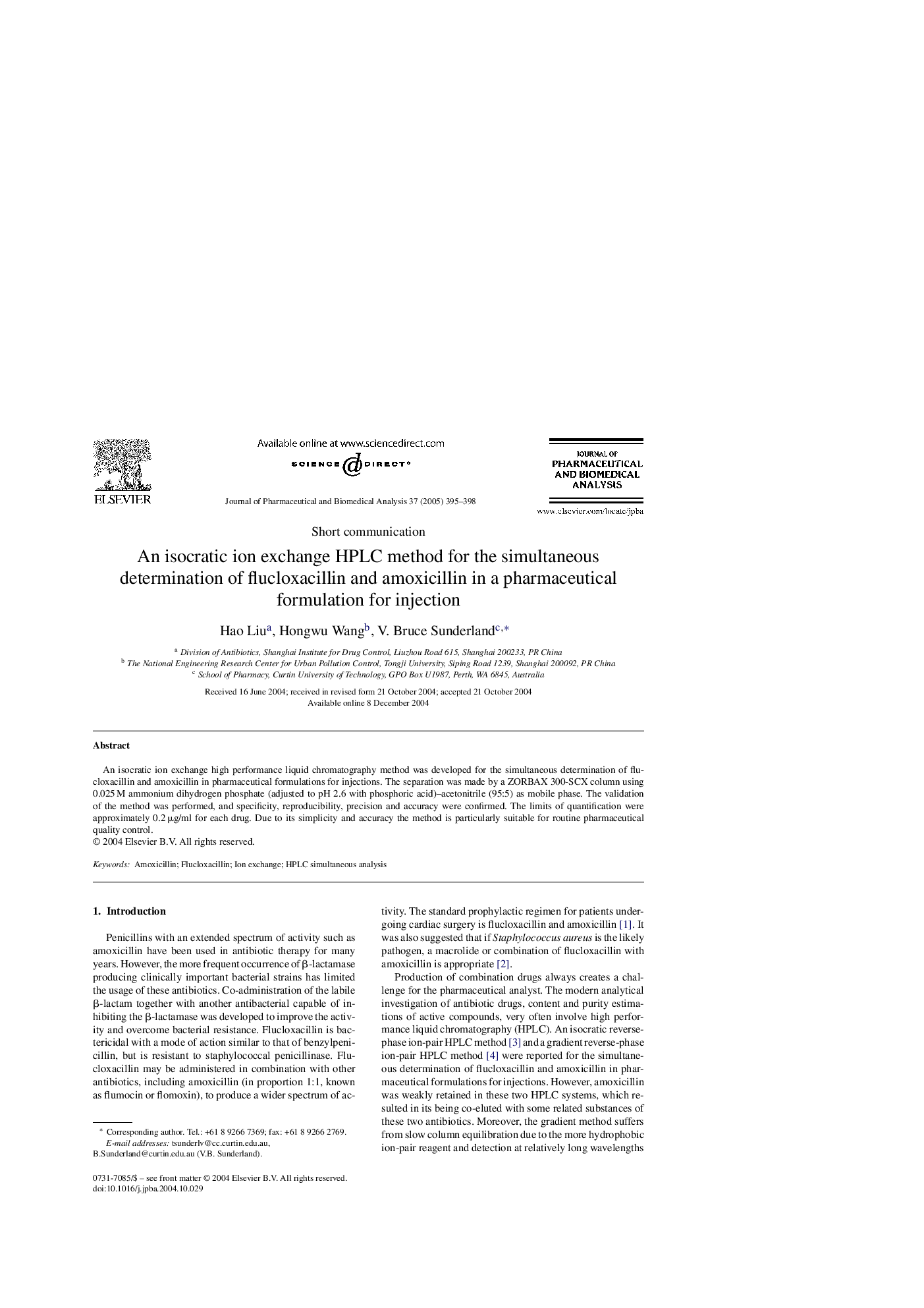 An isocratic ion exchange HPLC method for the simultaneous determination of flucloxacillin and amoxicillin in a pharmaceutical formulation for injection