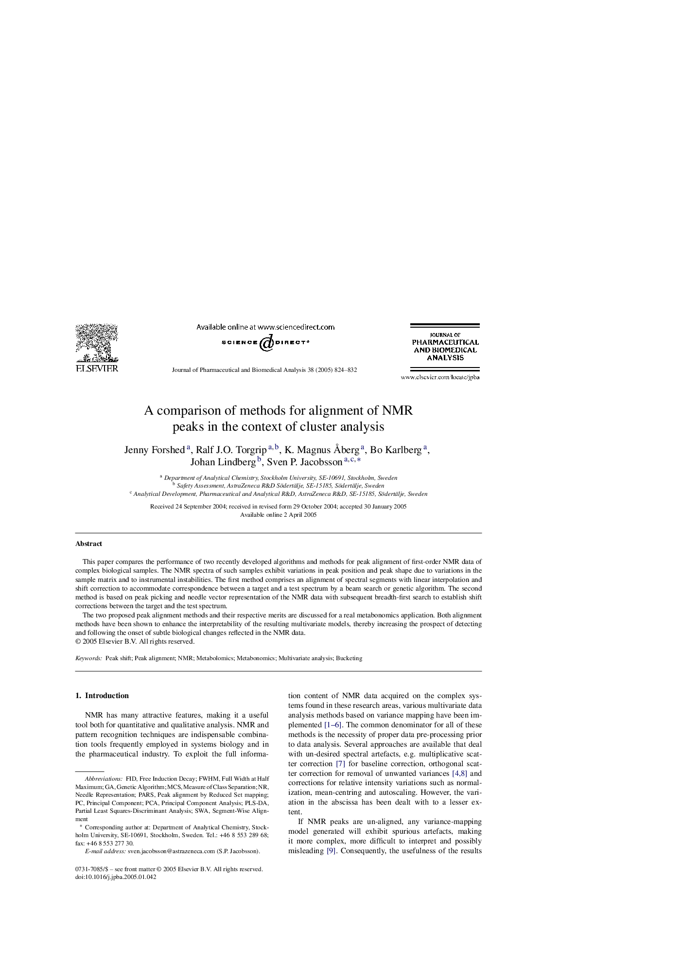 A comparison of methods for alignment of NMR peaks in the context of cluster analysis