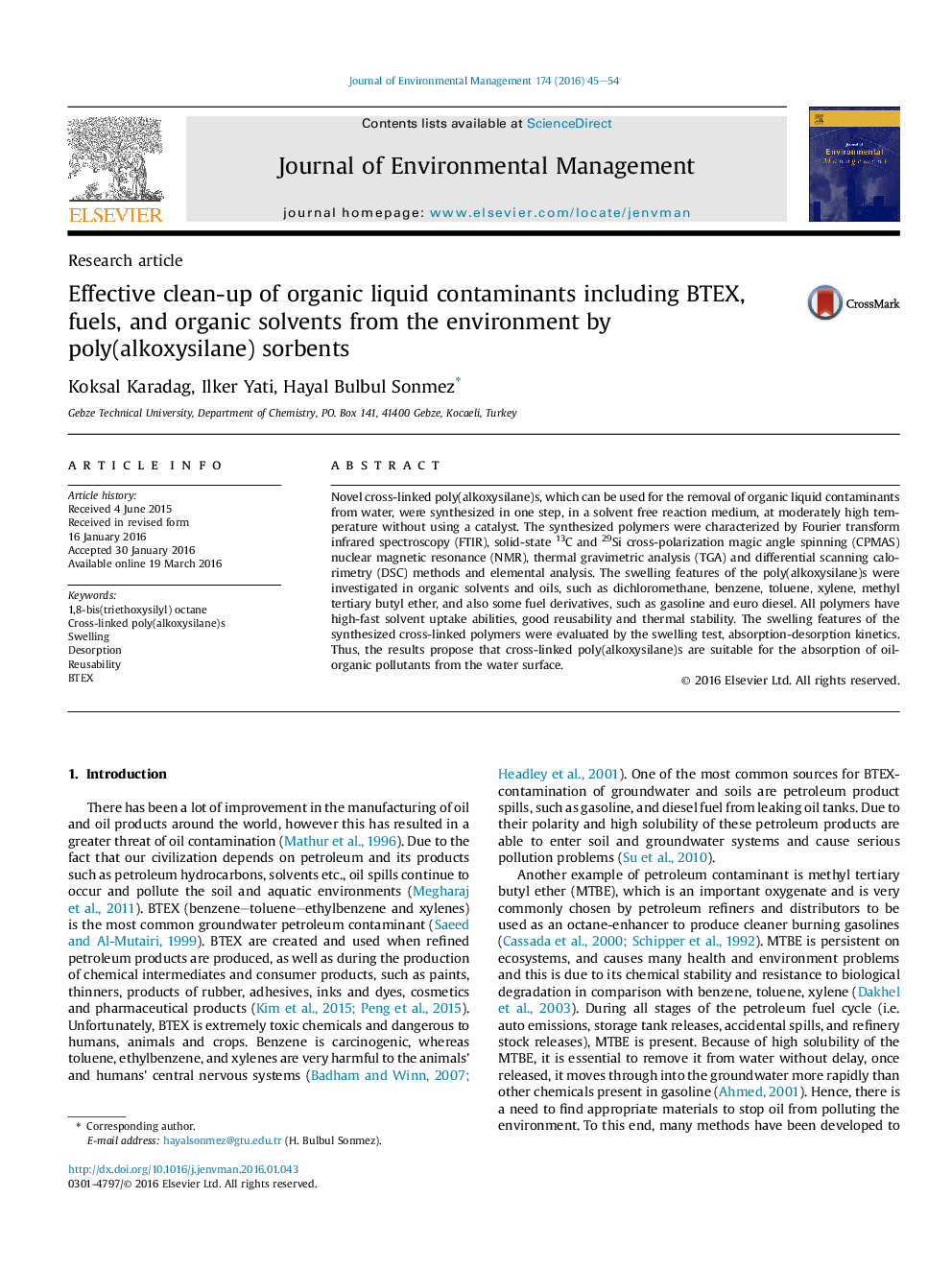 Effective clean-up of organic liquid contaminants including BTEX, fuels, and organic solvents from the environment by poly(alkoxysilane) sorbents