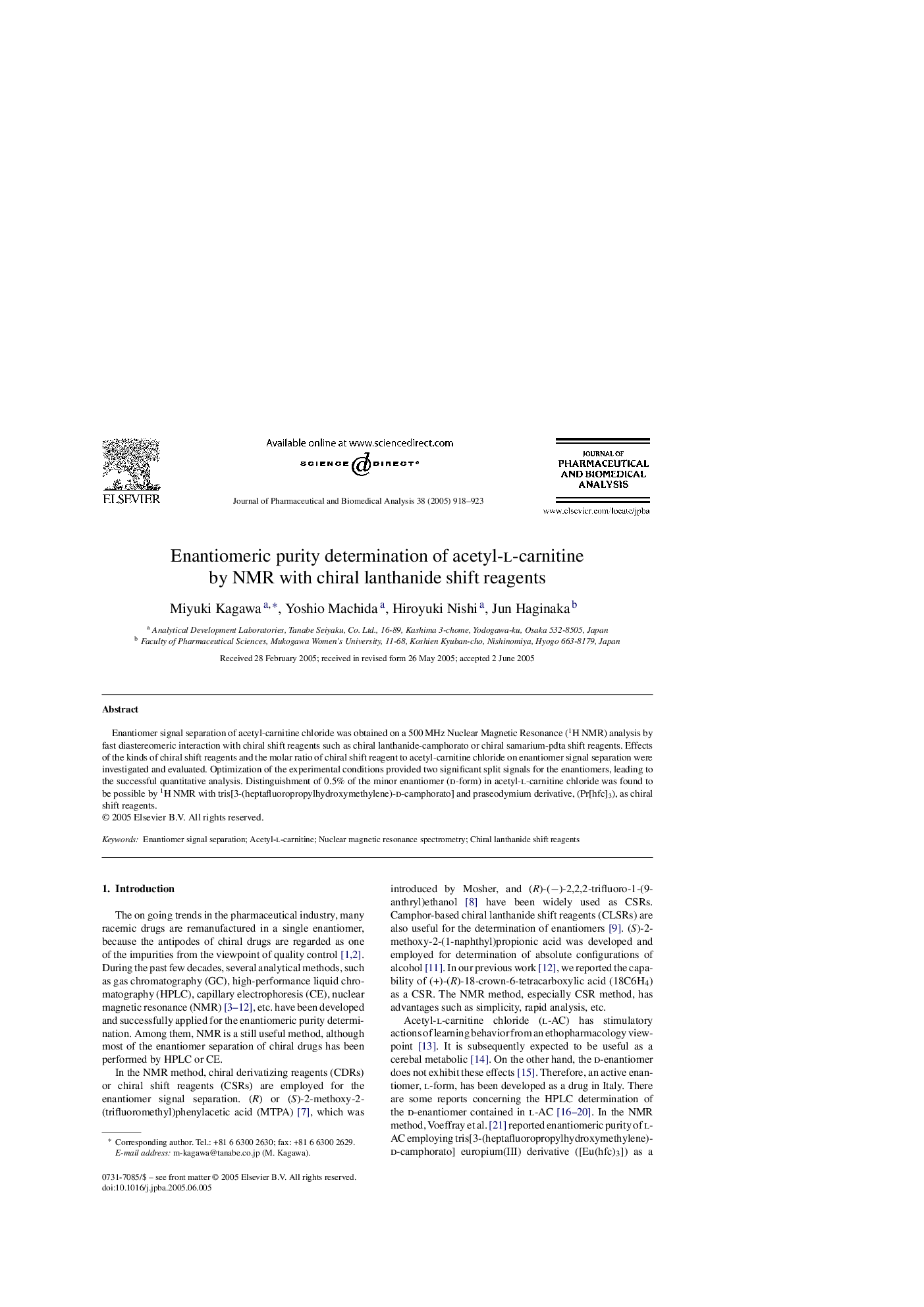 Enantiomeric purity determination of acetyl-l-carnitine by NMR with chiral lanthanide shift reagents