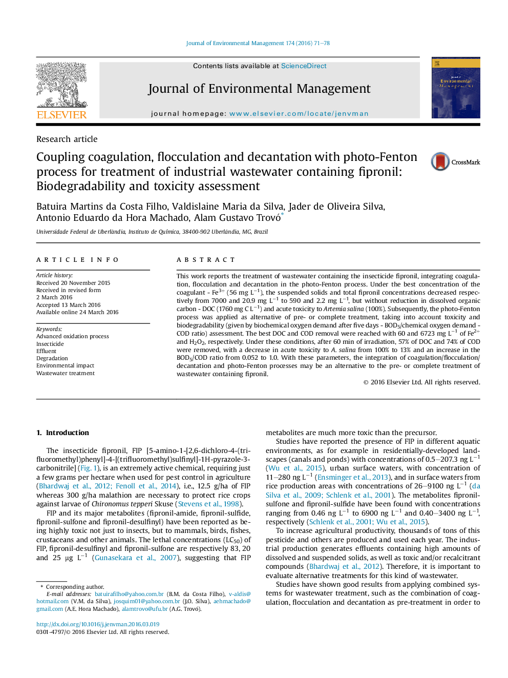 Coupling coagulation, flocculation and decantation with photo-Fenton process for treatment of industrial wastewater containing fipronil: Biodegradability and toxicity assessment