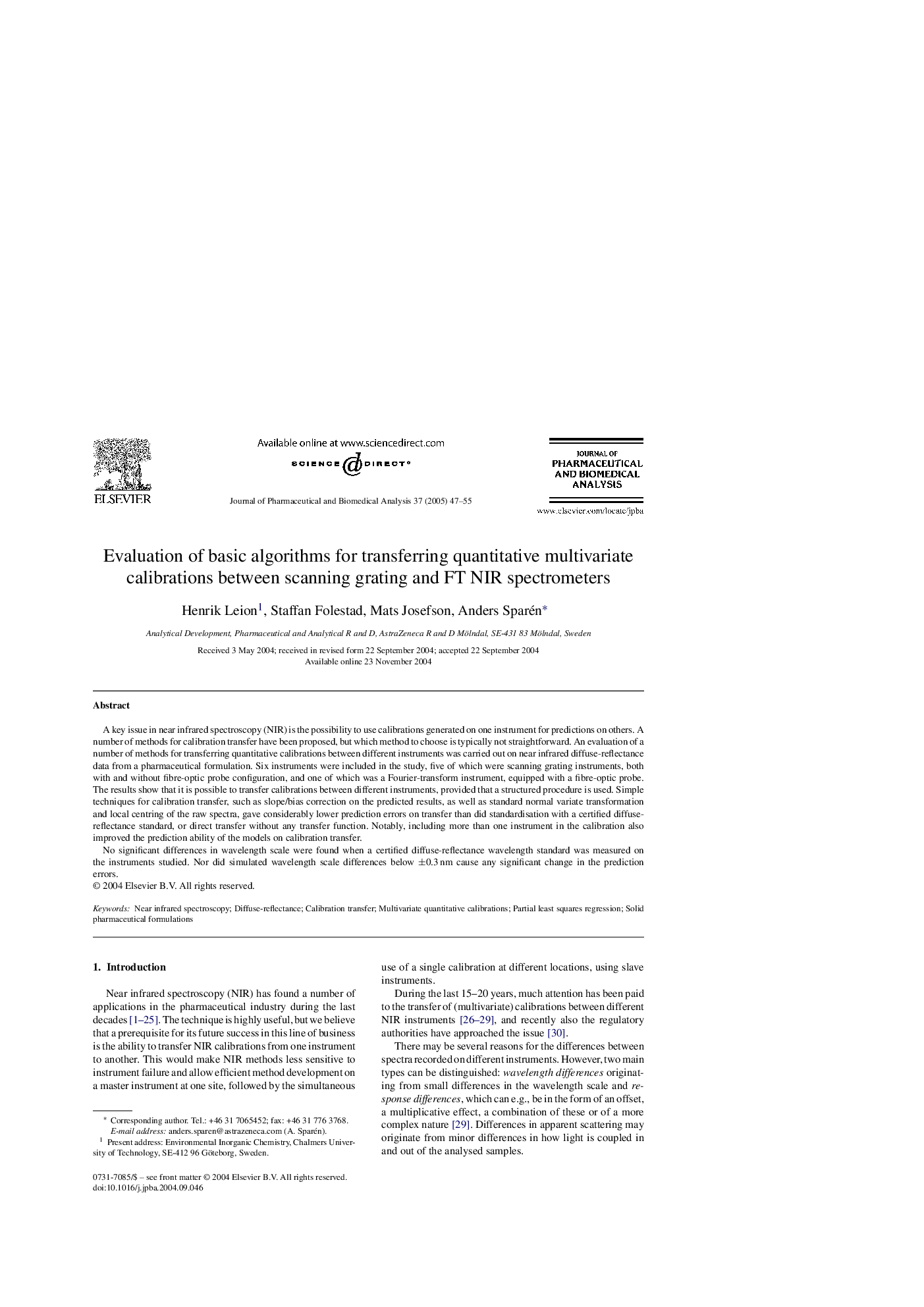 Evaluation of basic algorithms for transferring quantitative multivariate calibrations between scanning grating and FT NIR spectrometers