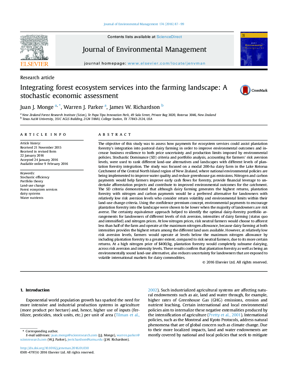 Integrating forest ecosystem services into the farming landscape: A stochastic economic assessment