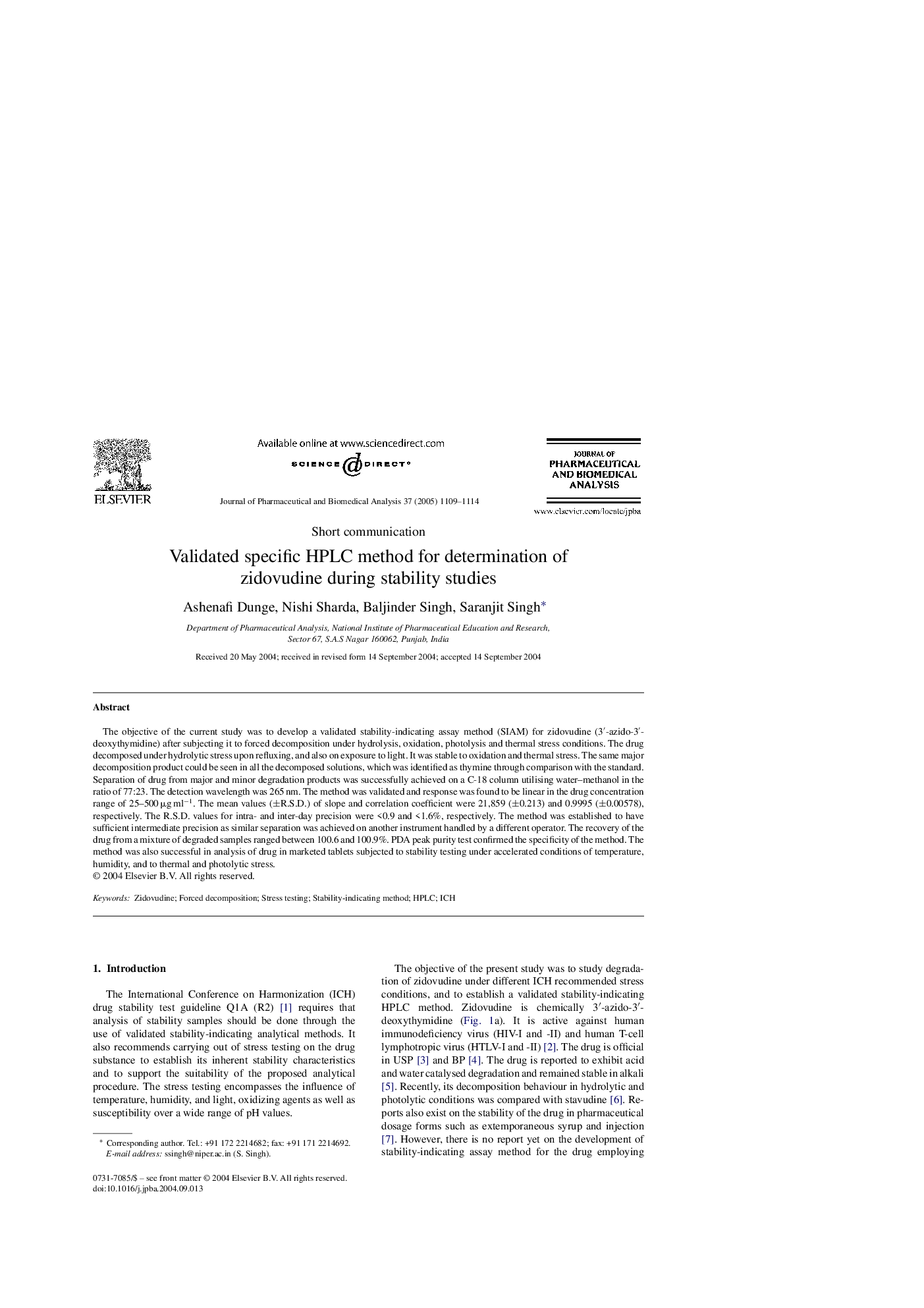 Validated specific HPLC method for determination of zidovudine during stability studies